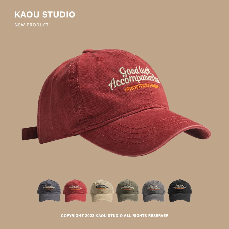 

Baseball cap women's versatile American retro washed letter embroidery soft top wide brim showing face small peaked cap men