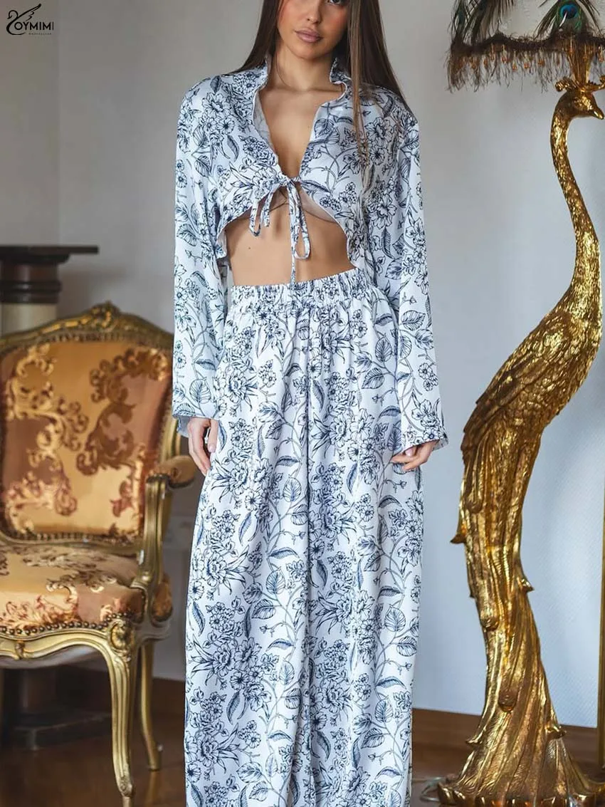 

Oymimi Elegant Blue Print Set Woman 2 Piece Fashion Lapel Long Sleeve Lace-Up Crop Tops And High Waist Straight Trousers Sets