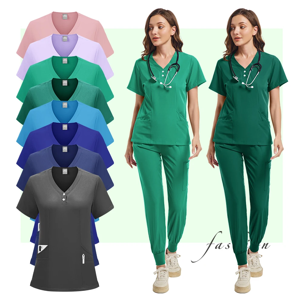 

Uniform set Short-sleeved scrubbed top and pocket pants Medical nurse uniform Doctor surgical overalls Spa coat Beauty salon