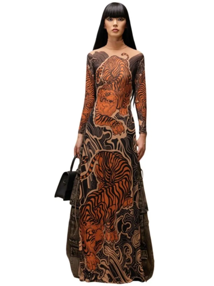 Robe longue Sexy pour femmes, coupe cintrée, Cover-Up en maille transparente, manches longues, imprimé Floral, robe Maxi de plage, fendue sur le côté, Cover-Up pour Bikini