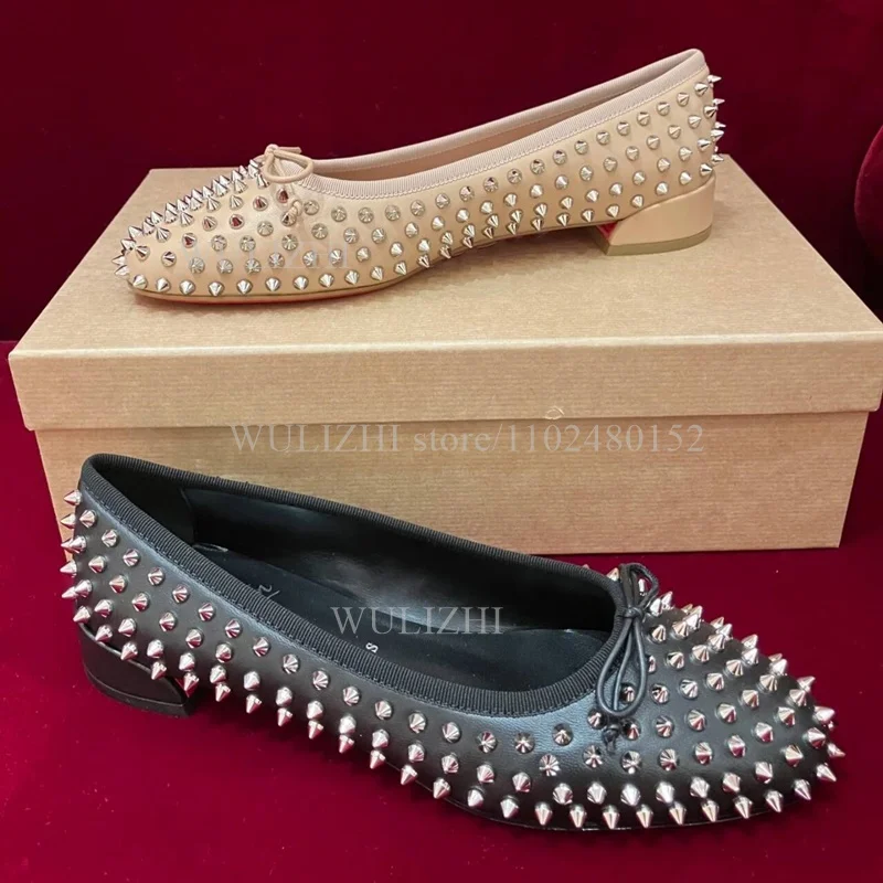 Flat Ballet Shoes Black Silver Rivet Bow Round Apricot Leather Light Loafers Women Casual Work Fashion Pump Spring Low Heel Shoe