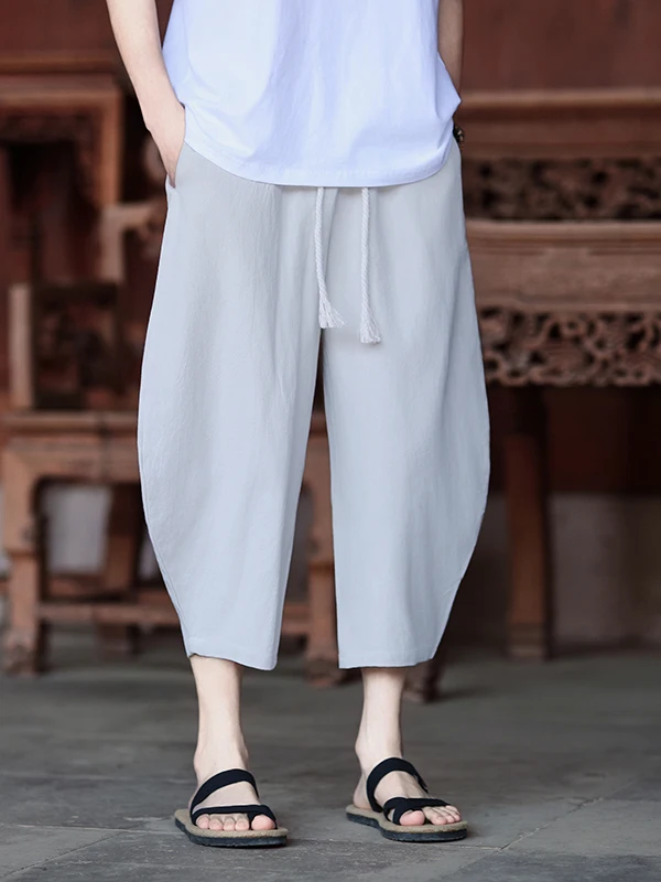 

Свободные хлопковые льняные мужские летние повседневные широкие брюки на семи футов Harlan Sle с завязками на талии молодежная тонкая модель Vitali