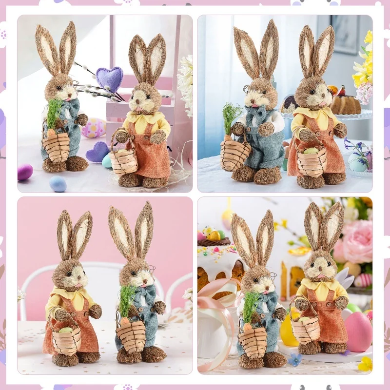2PCS Bunny Ornaments Rural Style Male Female Rabbit Figurine For Easter Day Home Decoration 35cm