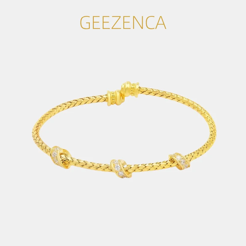 GEEZENCA Italian Jewelry 925 Silver Gold Plated Woven Tube Chain with CZ Charms Cuff Bracelet For Women Trendy Open Bangle Gift