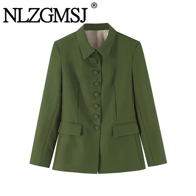 Nlzgmsj 2026 Autumn Women Vintage Lapel Collar Single Breasted Slim Waist Green Coat Elegant Autumn Elegant Outerwear