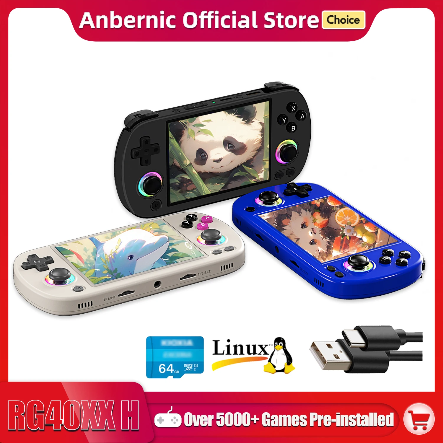 ANBERNIC RG40XX H — Premium 4.0" IPS Handheld Gaming Console with RGB Light