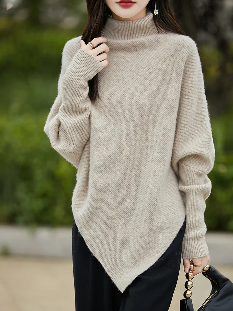 100% lã merino camisola feminina gola alta pulôver bainha irregular malhas casual feminino roupas superiores outono inverno moda manto