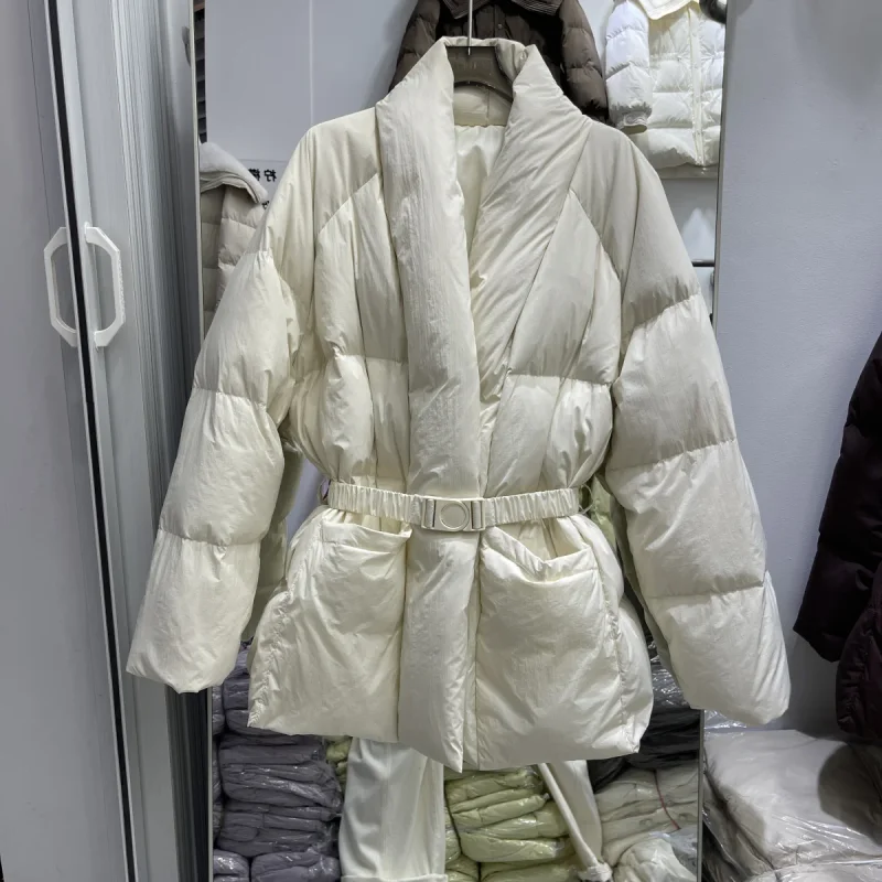 2025 Winter New Jacket Women Medium To Long V-neck Waist Belt Shows Thinning Loose Unique Design Jacket Parkas Female