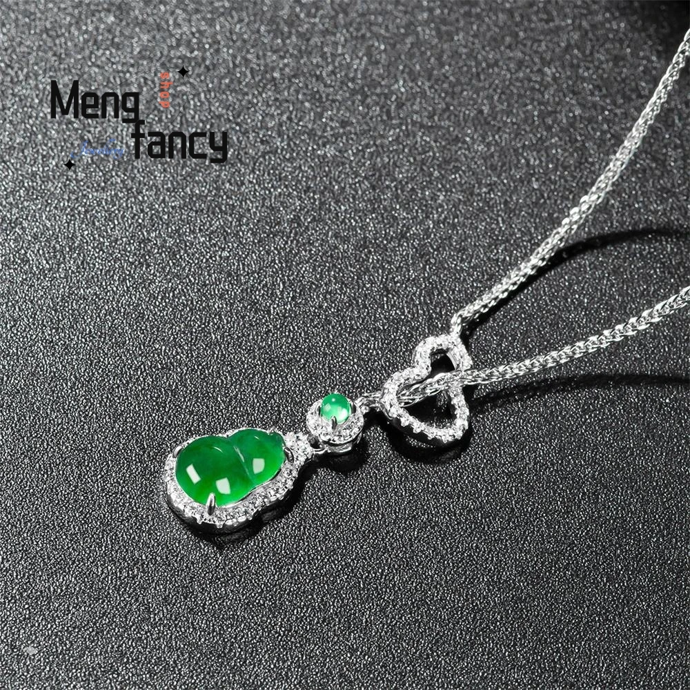 

Natural A goods Jadeite Ice Yang Green Gourd Pendant S925 Silver Inlaid With Simple Elegant High-grade Exquisite Fashion Jewelry