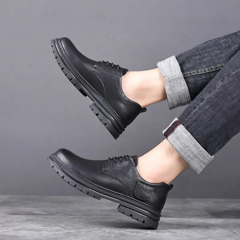 Spring Autumn Cow Leather Platform Shoes for Men New Designer Fashion Causal Solid Color Men\'s Dress Shoes Ankle Boots Male