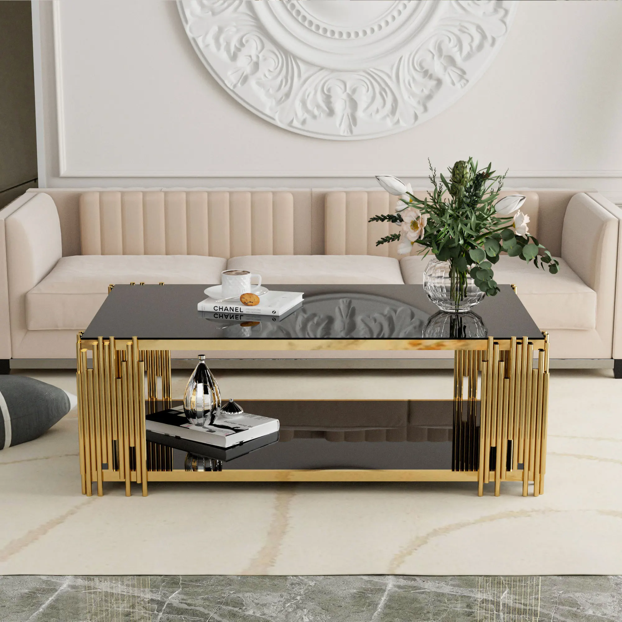 Stainless Steel Rectangle Glass Coffee Table for Living Room 51.18