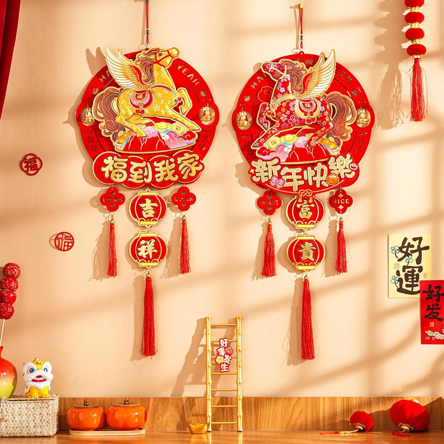 الحلي القطيفة لزينة السنة الصينية الجديدة 2026 سنة الحصان السحر متجر ترتيب جو الخلفية