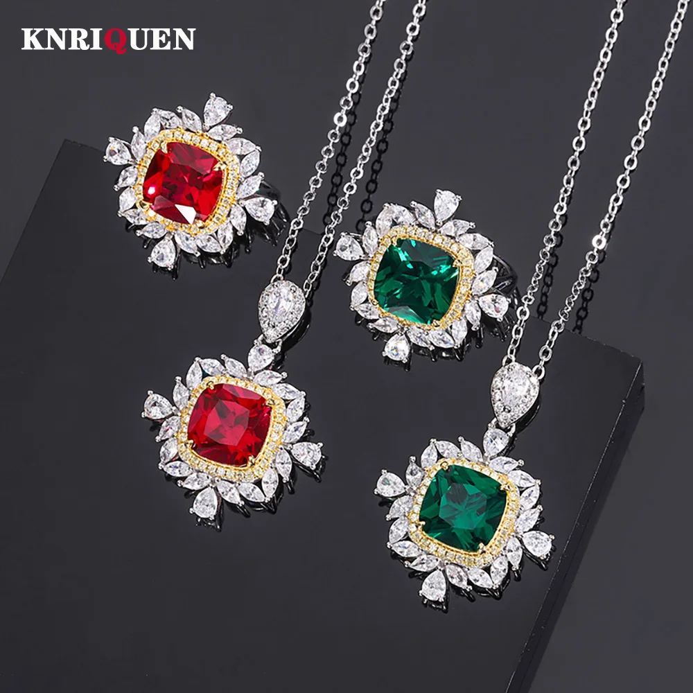 Vintage 925 Sterling Silver 10*10mm Ruby Emerald Lab Diamond Pendant Necklace Gemstone Rings Fine Jewelry Sets Gift for Women