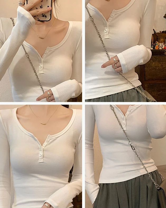 AOSSVIAO 2026 Herbst Damen T-Shirt Stilvolles Langarm-Shirt in Unifarbe mit O-Ausschnitt, schmal geschnittenes Basic-Top, vielseitiges Layering-Oberteil. – Detail 2