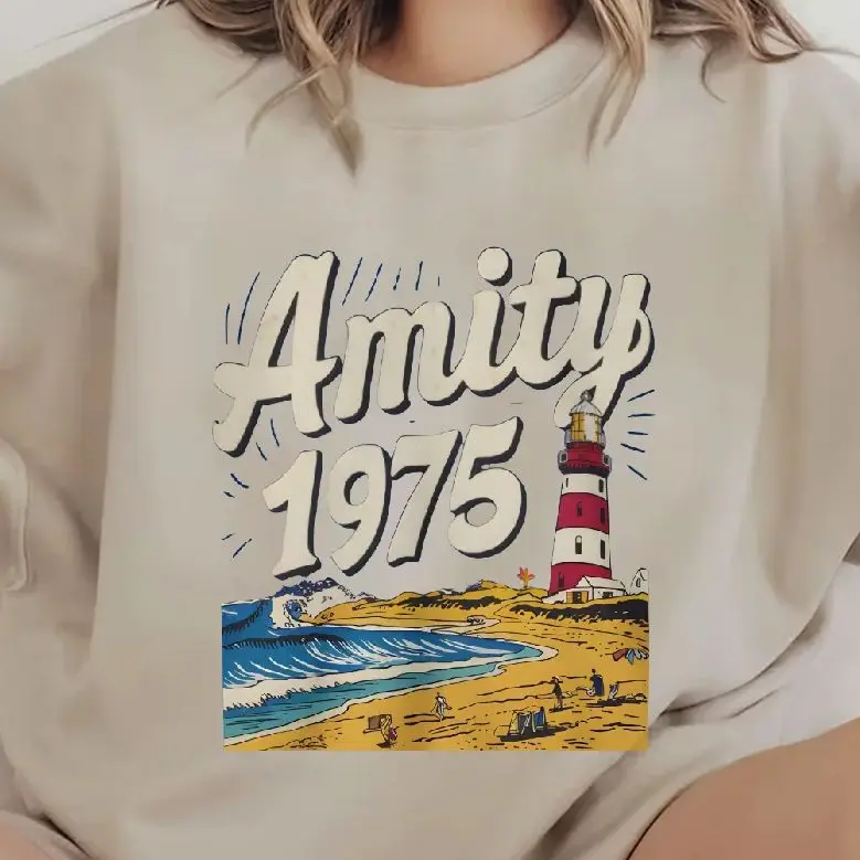 

Retro Vintage Sweatshirt Graphic Hoodies Y2K Casual Daily Wear Unisex Versatile Stylish Pullover Amiti 1995 Beach Lighthouse