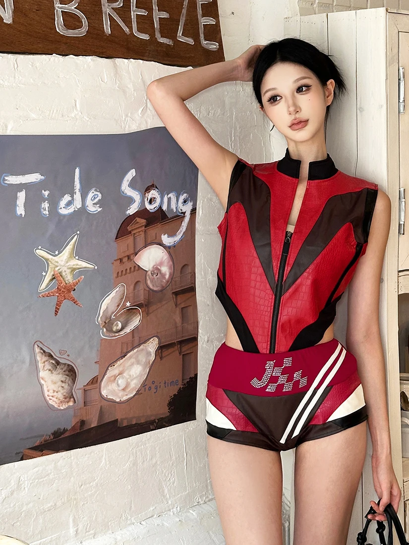 

Комплект из двух предметов SylCue Street Sle: шорты с высокой талией и комбинезон для женщин, в стиле Color Block, для модных девушек, в мотоциклетном стиле