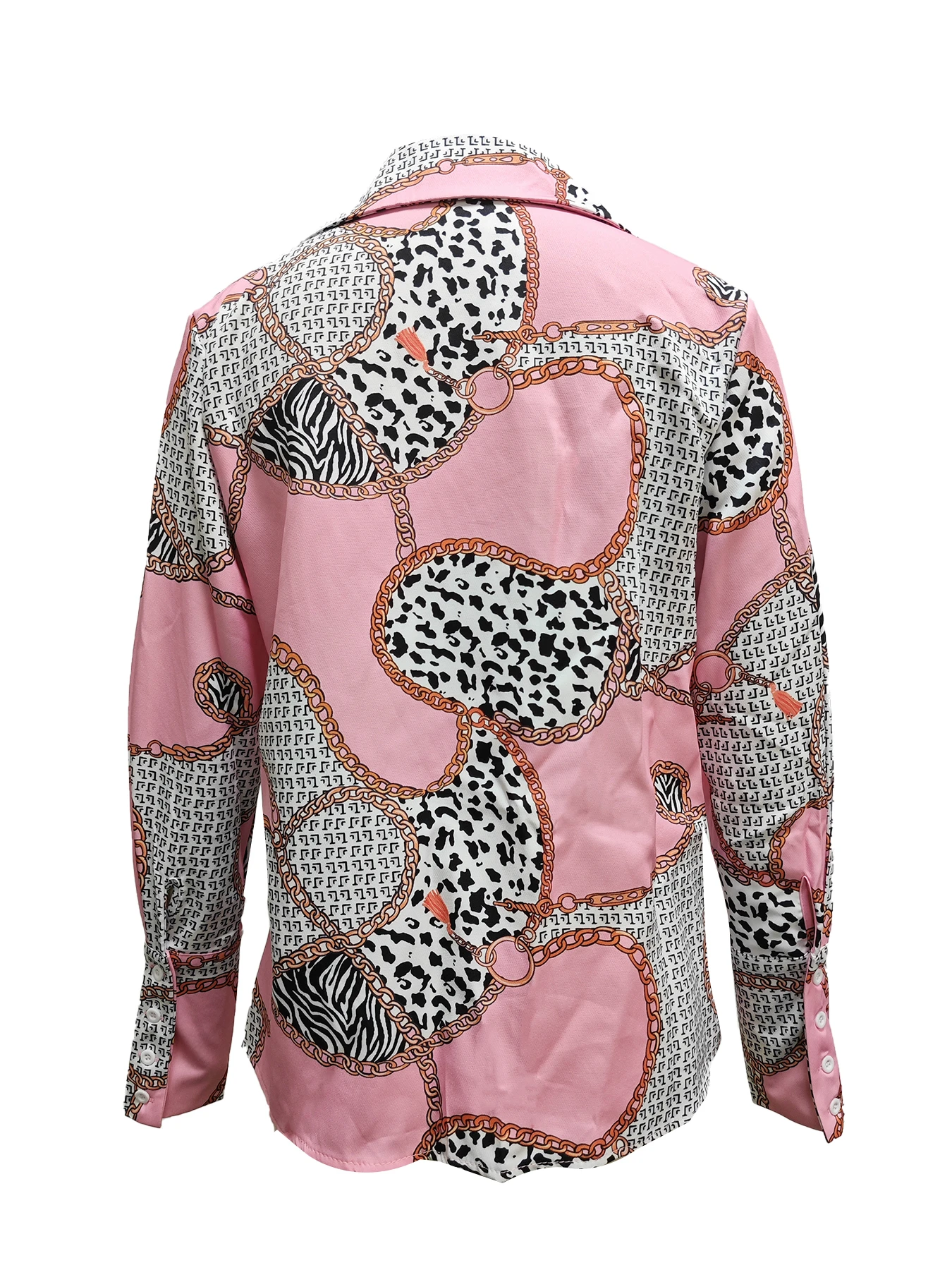 Damen-Bluse mit langen Ärmeln, V-Ausschnitt, Ketten- und Tiermuster-Patchwork – lässige, schicke Bürokleidung (4 Farben: Schwarz, Orange, Pink, Grau) – Detail 5