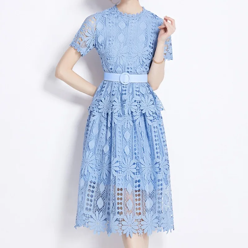 

Light Blue Lace Cake Dress Women with Belt O-neck Runway Design Womens Clothing Evening Party Hollow Out Holiday Vestidos