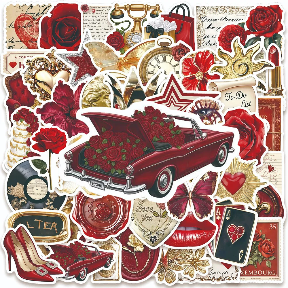 10/30/50 Stück Vintage Gold & Rote Rosen Blumen Ästhetische Aufkleber Cartoon Dekoration Sticker DIY Notizbuch Laptop Helm Retro Aufkleber