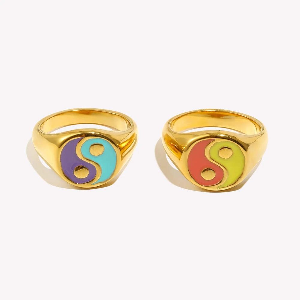 

E.B.belle Summer Hot Red BlueYellow Purple Black White Colorful Balance Rings For Women Stainless Steel Gold Yingyang Ring