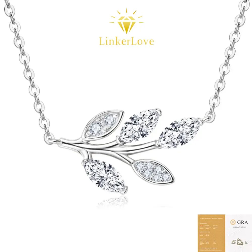LinkerLove Moissanite Leaf Pendant Necklace for Women 925 Sterling Silver Diamond Collarbone Chain Dainty Jewelry Birthday Gift