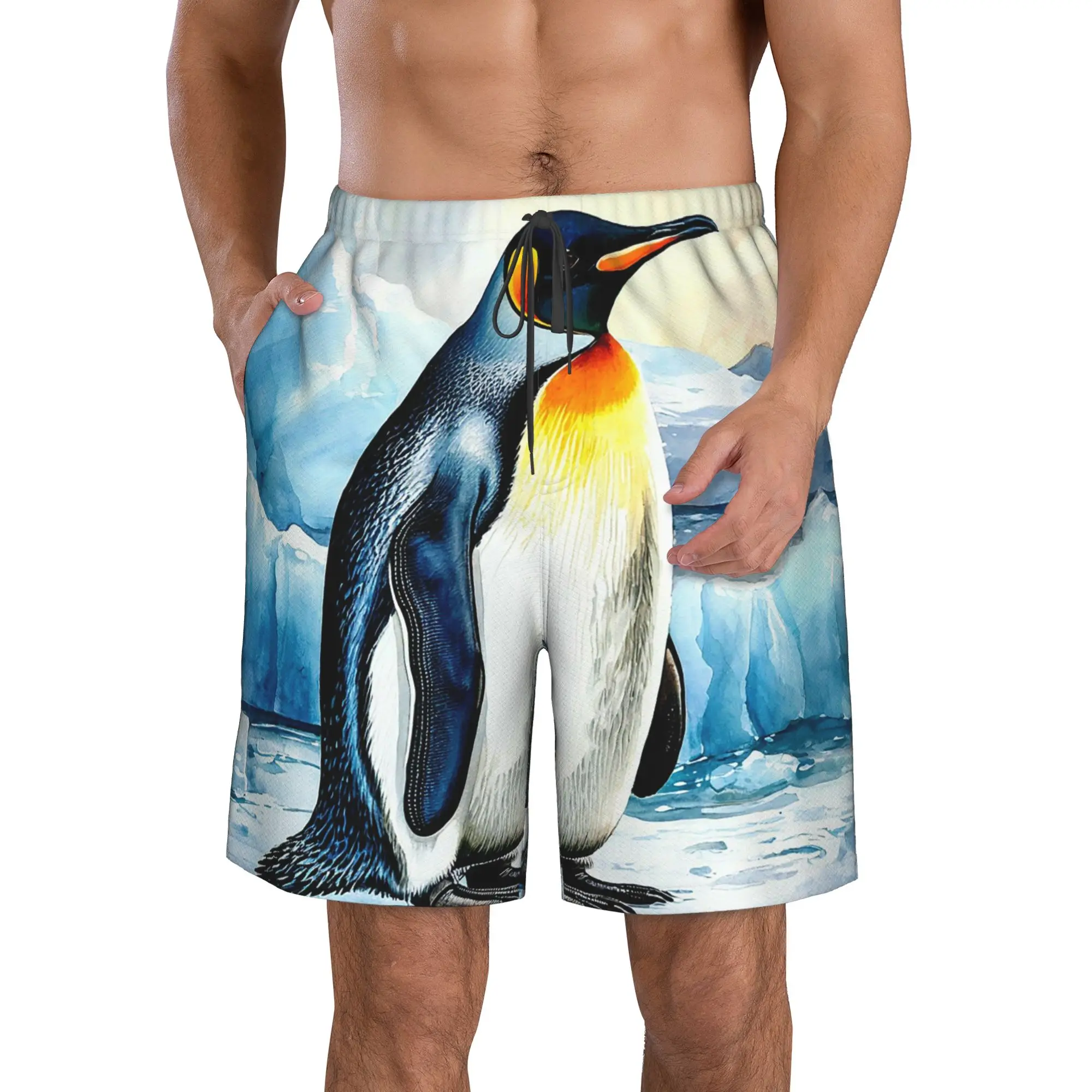 Polar Penguin Ice Surface Penguin Pattern Trunks Beach Board Shorts Casual Quick Dry Swim Summer Men Pants