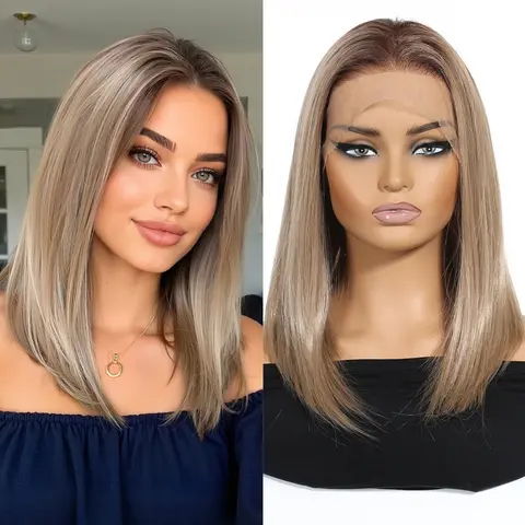 HAIRCUBE-pelucas sintéticas de color marrón Natural con raíces oscuras, pelucas cortas y rectas para mujer, pelucas de encaje transparentes HD 13*6 para fiesta diaria