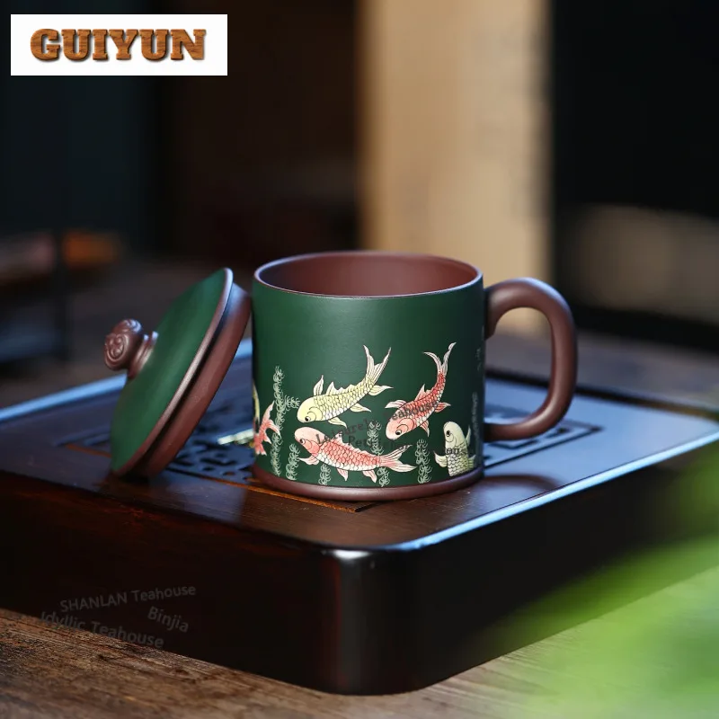 450ml Yixing Purple Clay Powder Slurry Fish Coffee Mug Boutique Milk Cup Afternoon Tea Mug Master Office Water Cup Drinkware