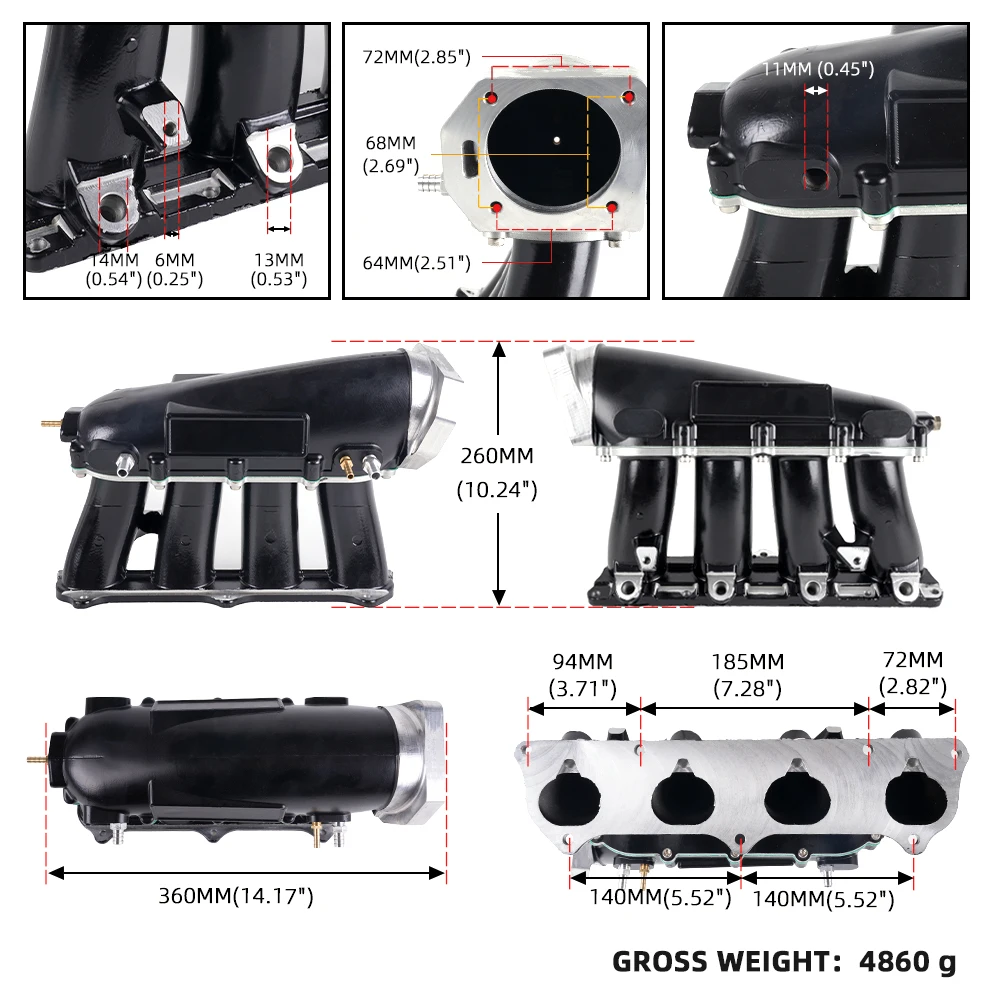 RASTP-Alumínio Liga Motor Intake Manifold, Ultra Street Series, Honda K20A, A2, A3, K24, RS-CR1849