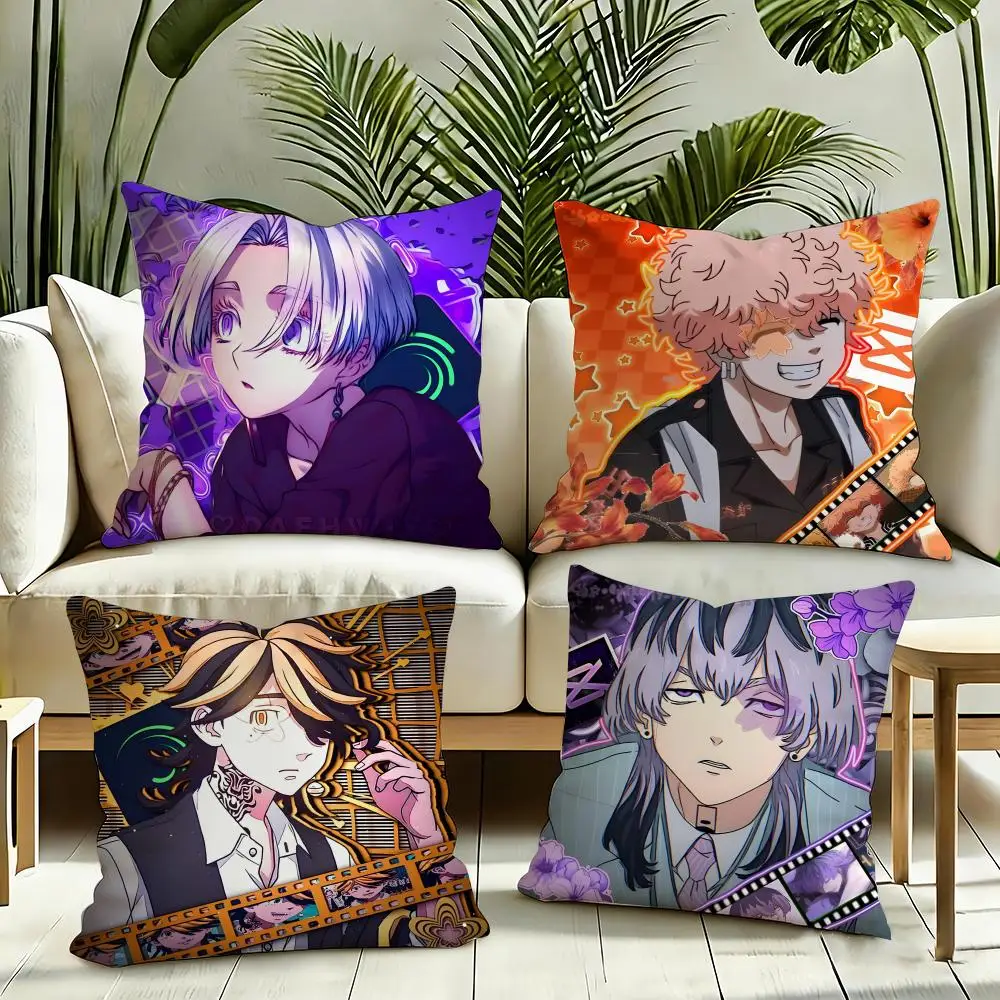 Anime T-Tokyo Revengers Cushion Cover Silky Short Plush Invisible Zipper Dustproof Sofa Pillow Case for Home Decor