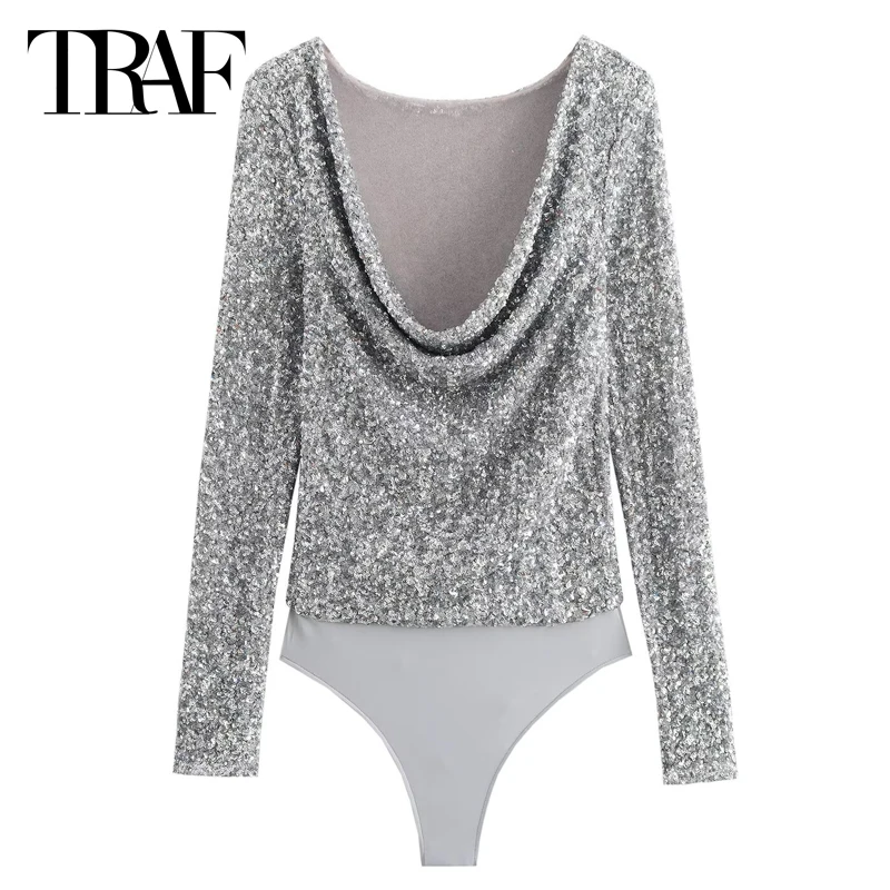 TRAF Sequins Bodysuit Women 2024 Women's Long Sleeve Bodysuit  Ruched Sexy Tops Shiny Spandex Bodysuit Rave Thong Bodysuit Women