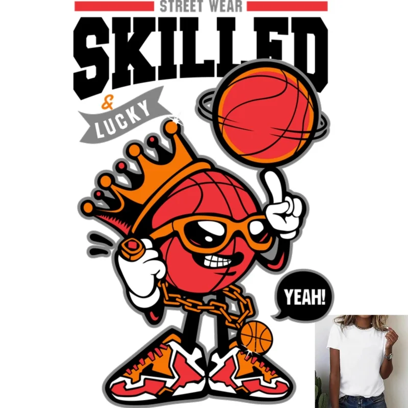 Street Style Basketball Cartoon Heat Transfer White Ink Iron - on Patch, Suitable for T - Shirts/Canvas Bags, Trendy and
