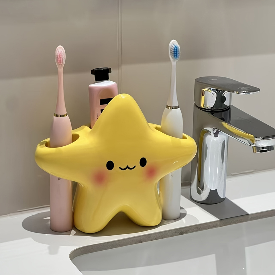  Cute Star-Shaped Toothbrush Holder  Freestanding Bathroom Organizer with Cute Face Design, Space-Saving Toothbrush & Toothpaste 