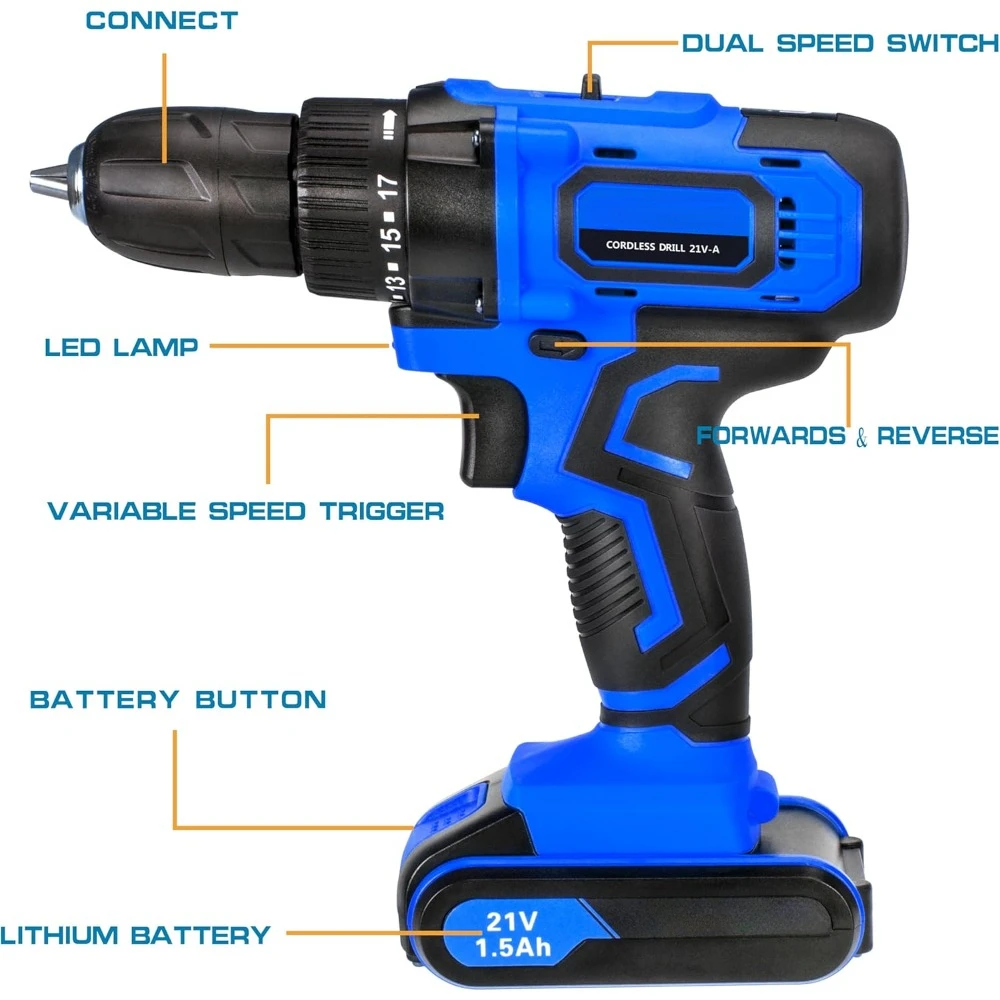 Cordless Drill, 21V Power Screwdriver 2 Variable Speed 3/8” Keyless Chuck, 2 X 1500mAh Batteries and Charger for assembling