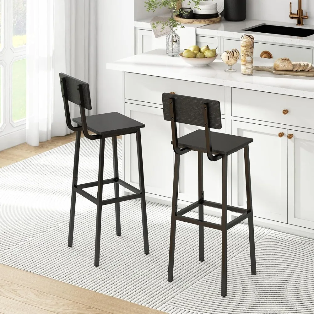

Set of 2 Bar Stools, Tall Bar Chairs with Backrest and Footrest, Industrial Style Counter Height, Black