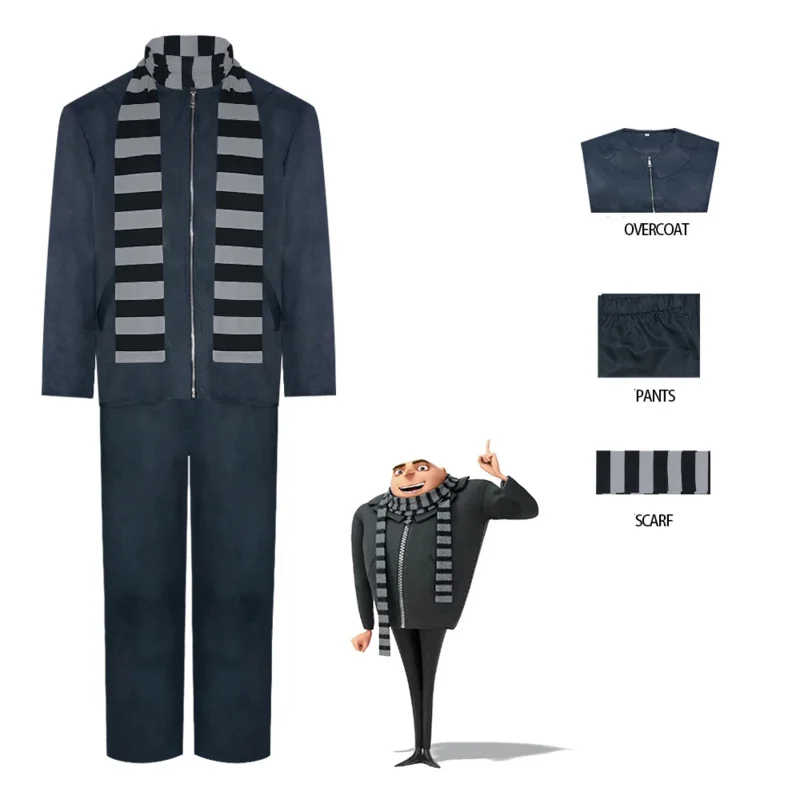 Movie Gru Cosplay Costume Coat Pants Scarf for Men Male Disguise Dress-Up Party Fantasy Outfits Halloween Carnival Roleplay Suit