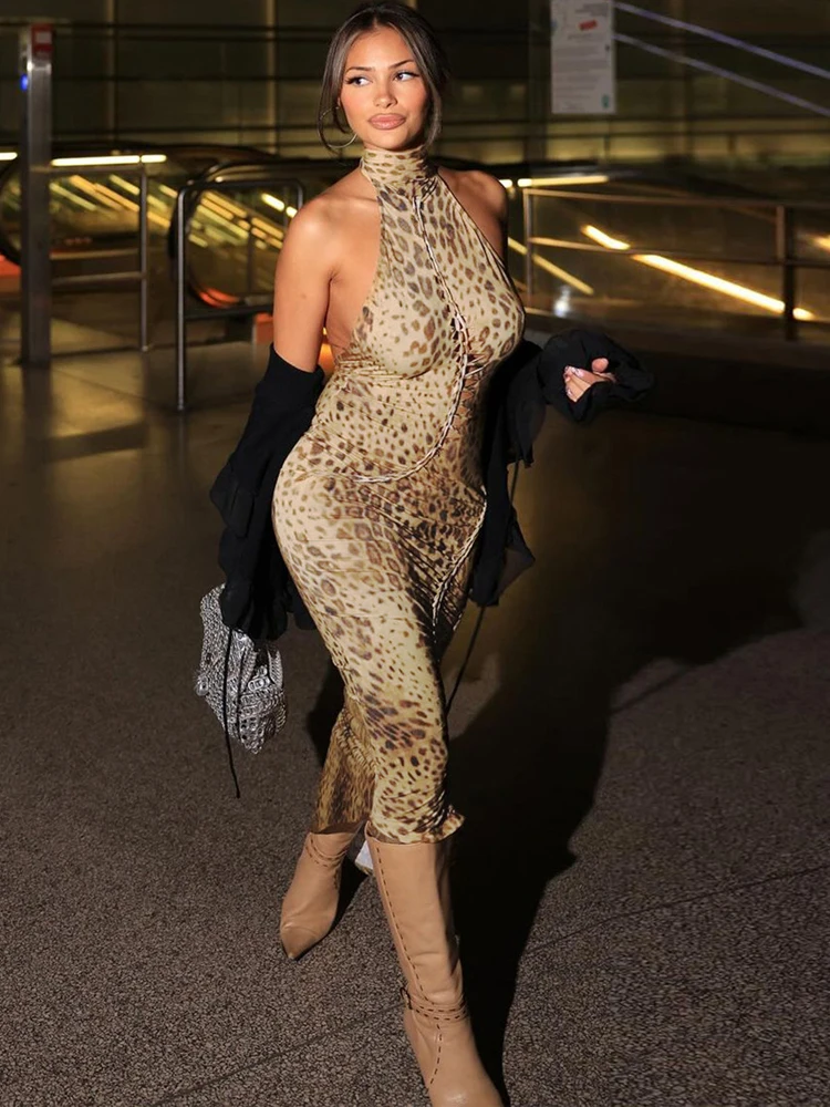 Dziwaczny kot wzór w cętki sukienka kobiety Hollow warkocz lato Halter seksowny Backless nieregularny patchworkowy brzeg Slim Vintage bal Bodycon