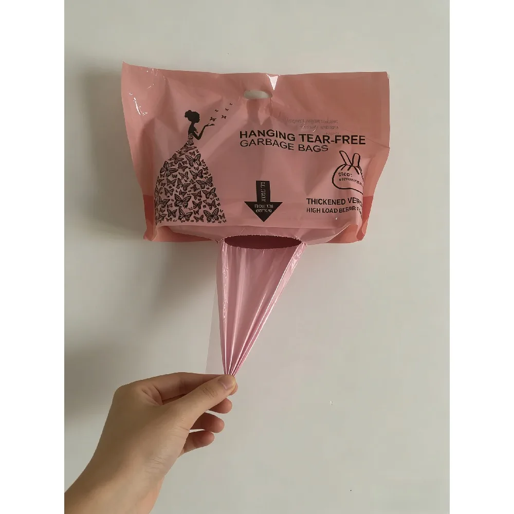 1 Rolls 50 Count Rose Scented Drawstring Trash Bags, Pink Hanging Tear-Free Disposable Garbage Bags, Thick Heavy Duty Leakproof Bin Liners for Kitchen, Bathroom, Living Room Household Use