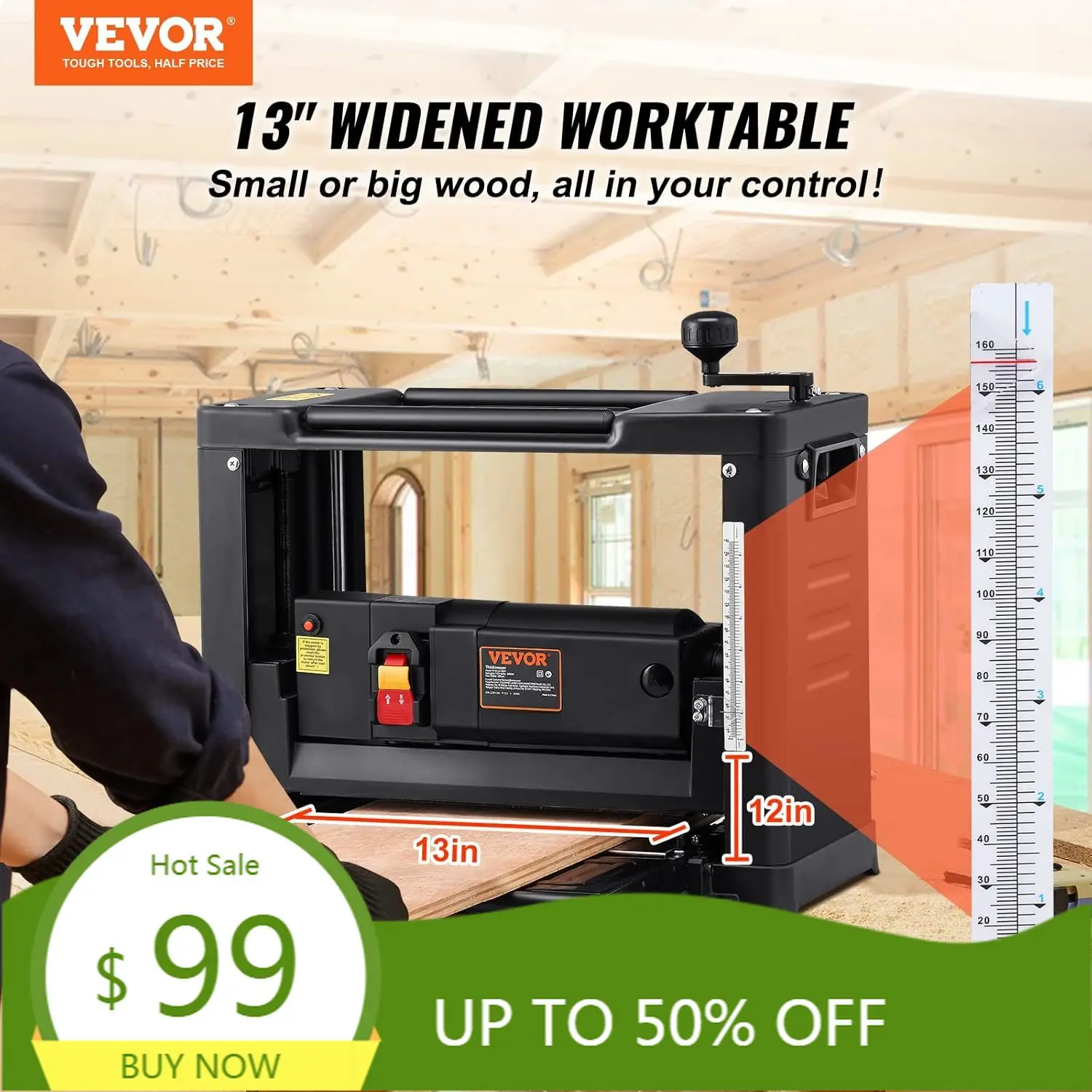 

Толщина строгального станка, двухлопастной, настольный строгальный станок шириной 13 дюймов, мощный двигатель 15 А, 1800 Вт, удлиненный стол для подачи 12 дюймов, низкий