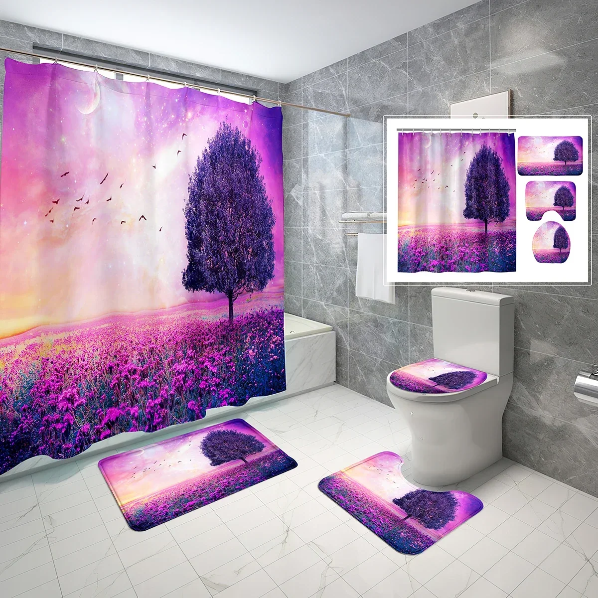 

4 Pcs Purple Landscape Art Shower Curtain Set Nature Tree Flower Sky Non-slip Bath Mat Toilet Lid Waterproof Shower Curtain Sets