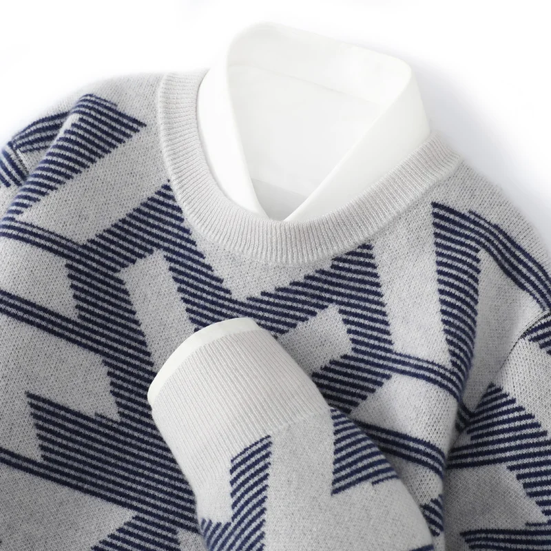 الرجال الخريف الشتاء جديد 100% الكشمير سترة ذات عنق دائرى موضة محبوك الجاكار البلوز العلوي اللون منعت سميكة ملابس رجالي