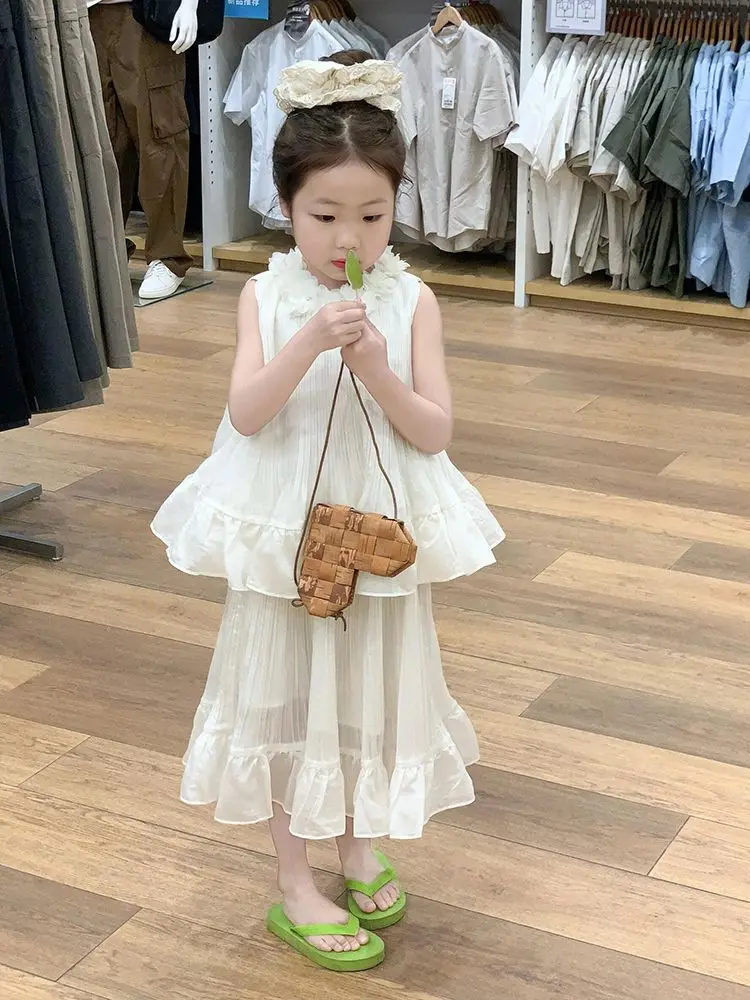 Girls Set Summer Outfit White Petal Collar Doll Shirt And Half Skirt 2-Piece Set New Children's Clothing Ensemble