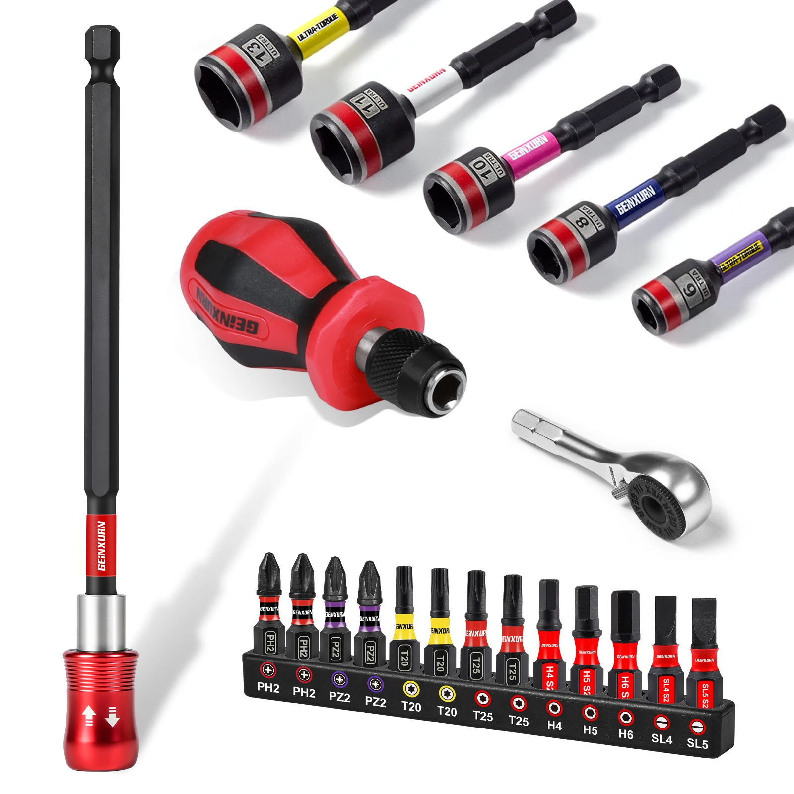 Geinxurn 21PCS Screwdriver Bit Sets, Mini Ratchet Wrench, Mini Bit Handle, Bit Holder and Nut Driver with Impact S2 Screwdriver