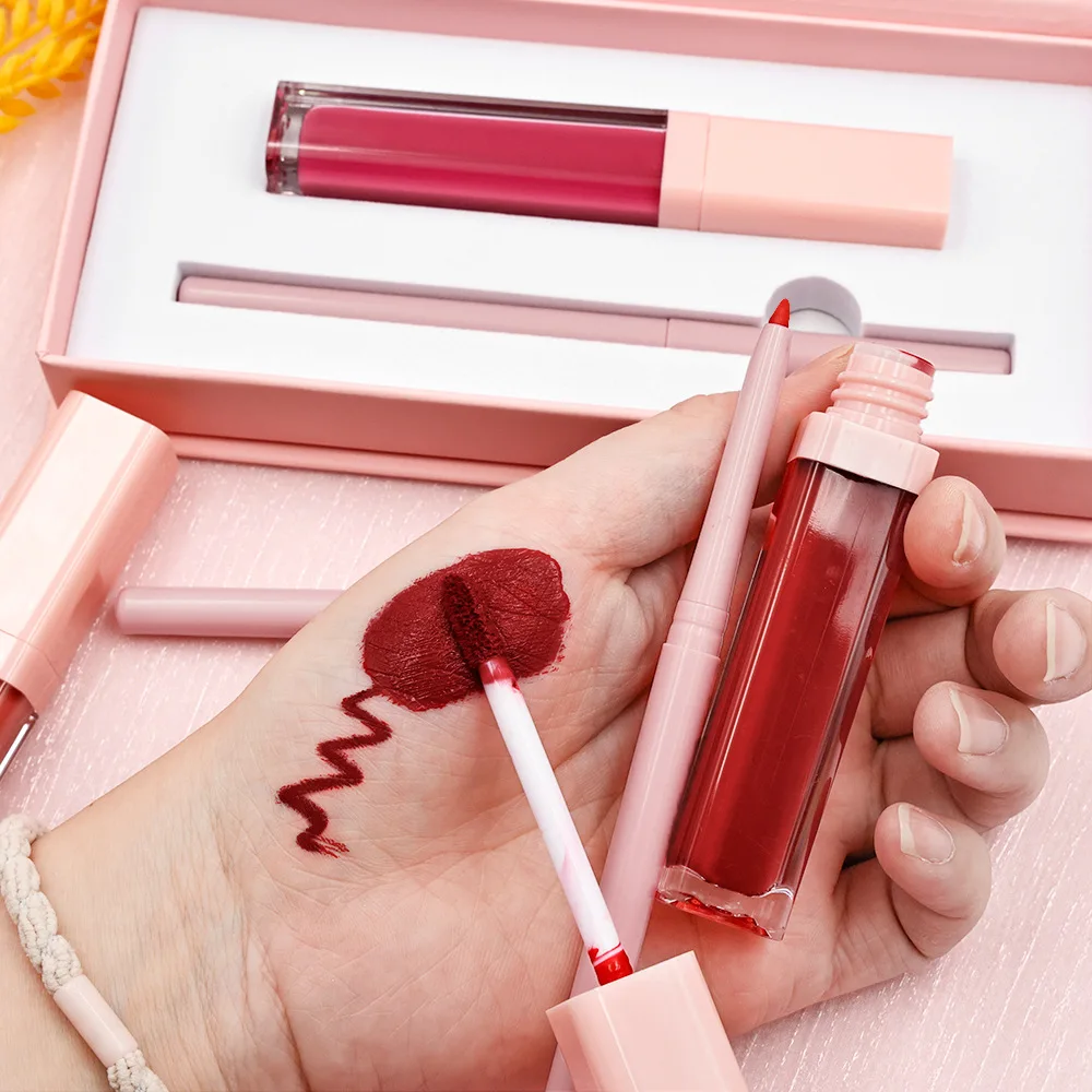 Set di lucidalabbra opaco all'ingrosso Etichetta privata Kit di rossetti liquidi con scatola rosa Cruelty-Free Vegan Cremoso 2 in 1 Trucco sfuso
