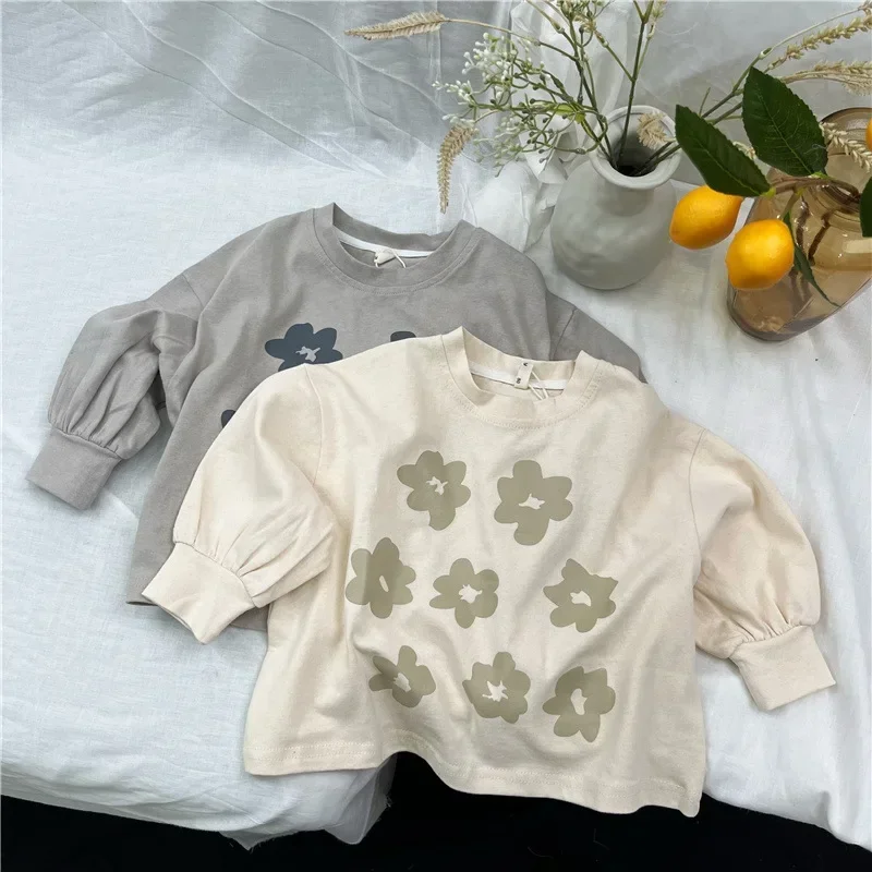 

T-Shirts Undershirt Autumn Season New Children Printing Korean Boys Girls Long Sleeved Shirt Flower Pattern Round Collar