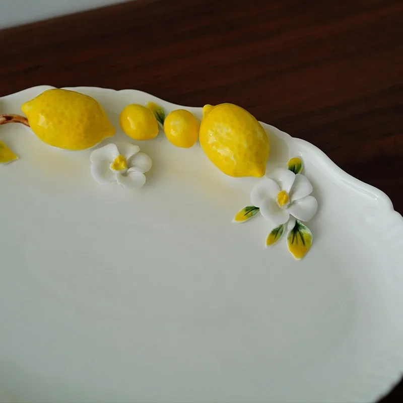 Lemon Relief Ceramic Oval Plate, Fresh Fruit Dessert Serving Tray for Family, Elegant Fish Platter, Kitchen Tableware Decor Dish