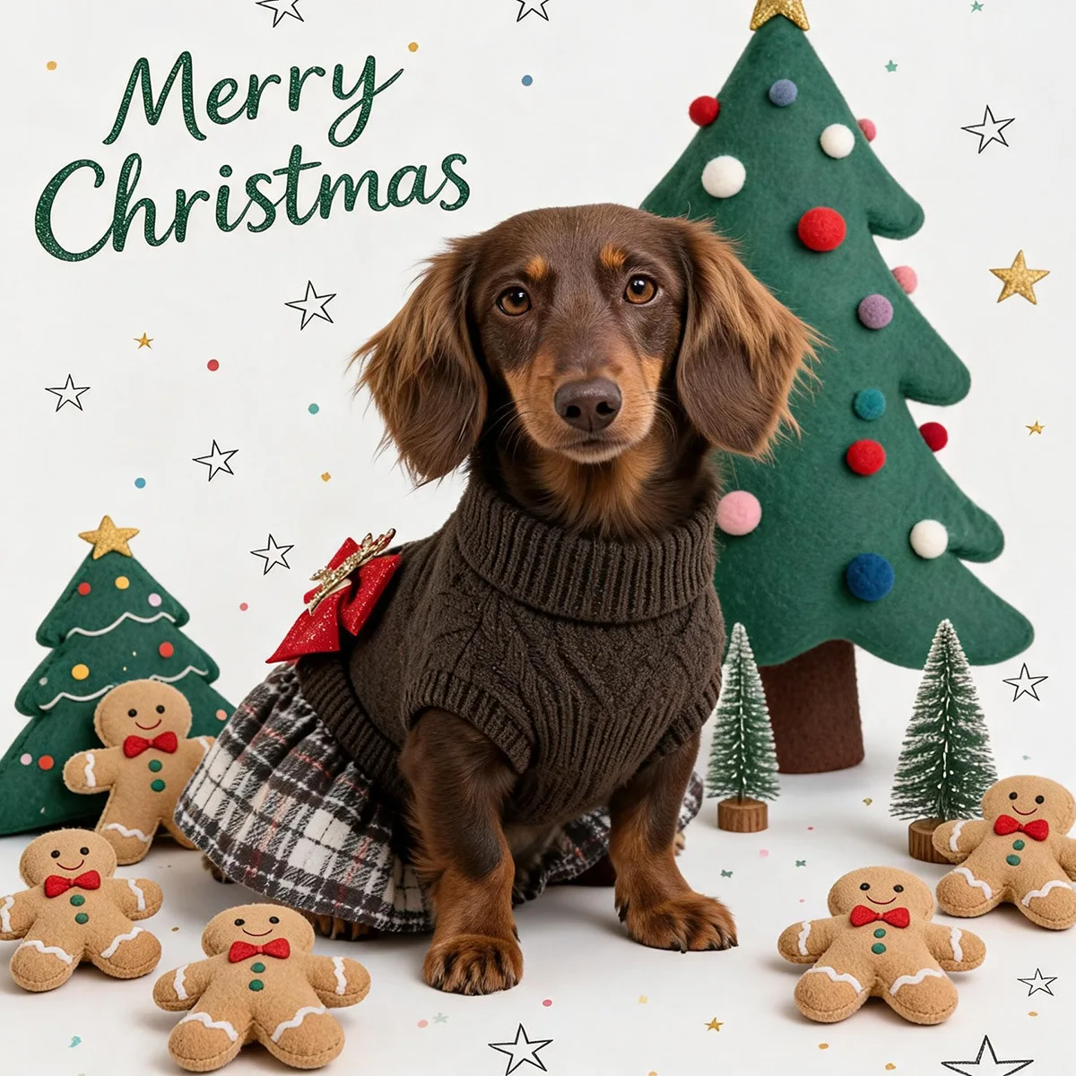 2026 vintage brown Christmas reindeer dog dress sausage cat big bow plaid patchwork holiday dress
