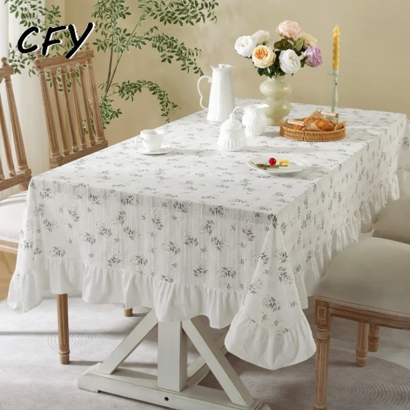 

Cotton Linen Korean ruffle edge Rectangular Table Cloth Vintage Ruffle Edge Tea Table Cover Cloth Table Cover for Christmas