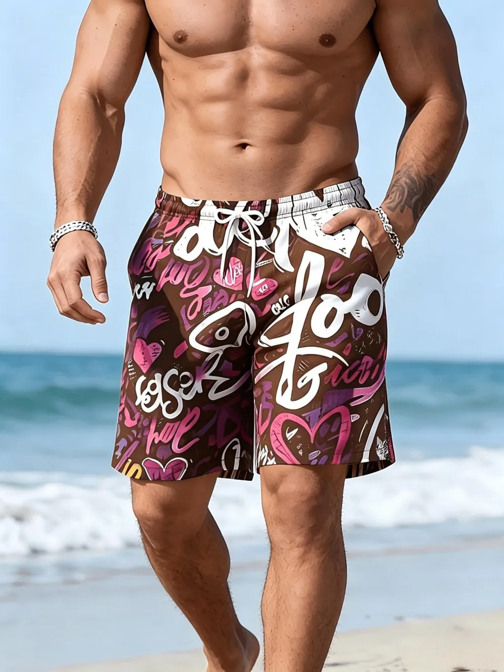 American Men's Summer Striped Graffiti Printed Micro Elastic Breathable Drawstring Shorts, Outdoor Vacation Casual Pants