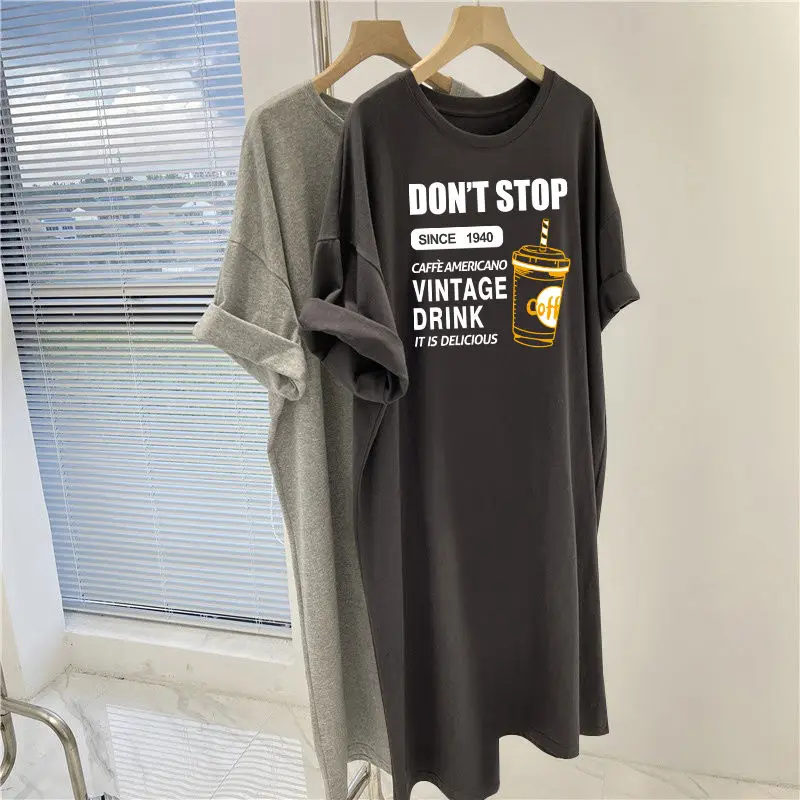 Women Tunic Summer Loose Simple Coffee Cup Printed Basic Long T-shirt Short Sleeve Chic Y2k Casual O-neck Pullovers